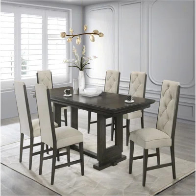 7pc Rectangular Extendable 18" Leaf Dining Table Trestle / Pedestal Base Beige Fabric Upholstered Button Tufted Chairs Wooden Dining Room Furniture Co | Wayfair North America