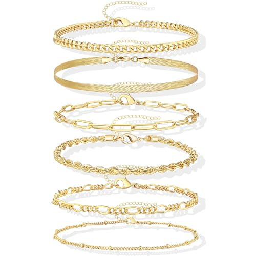 Gokeey Gold Beaded Bracelets for Women Waterproof, Hypoallergenic 14K gold Plated Bracelet Sets for Women Trendy Dainty Cuban Link Paperclip Chain Stackable Jewelry bracelets Pack | Amazon (US)