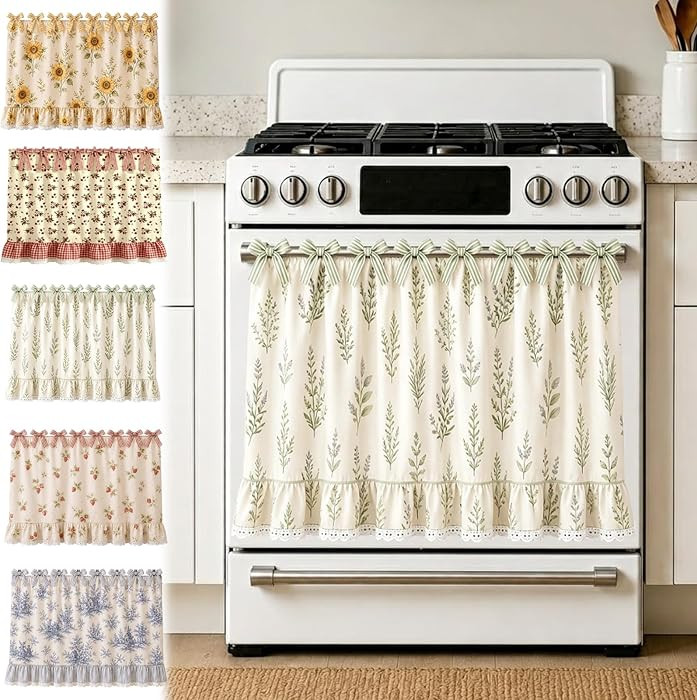 Farmhouse Oven Skirt, Blue Handmade Oven Curtain for Stove, Vintage Oven Skirt Curtain for Farmhouse Cottage Dishwasher Kitchen Decor, with Ruffles and Ribbon Ties (Green B) | Amazon (US)