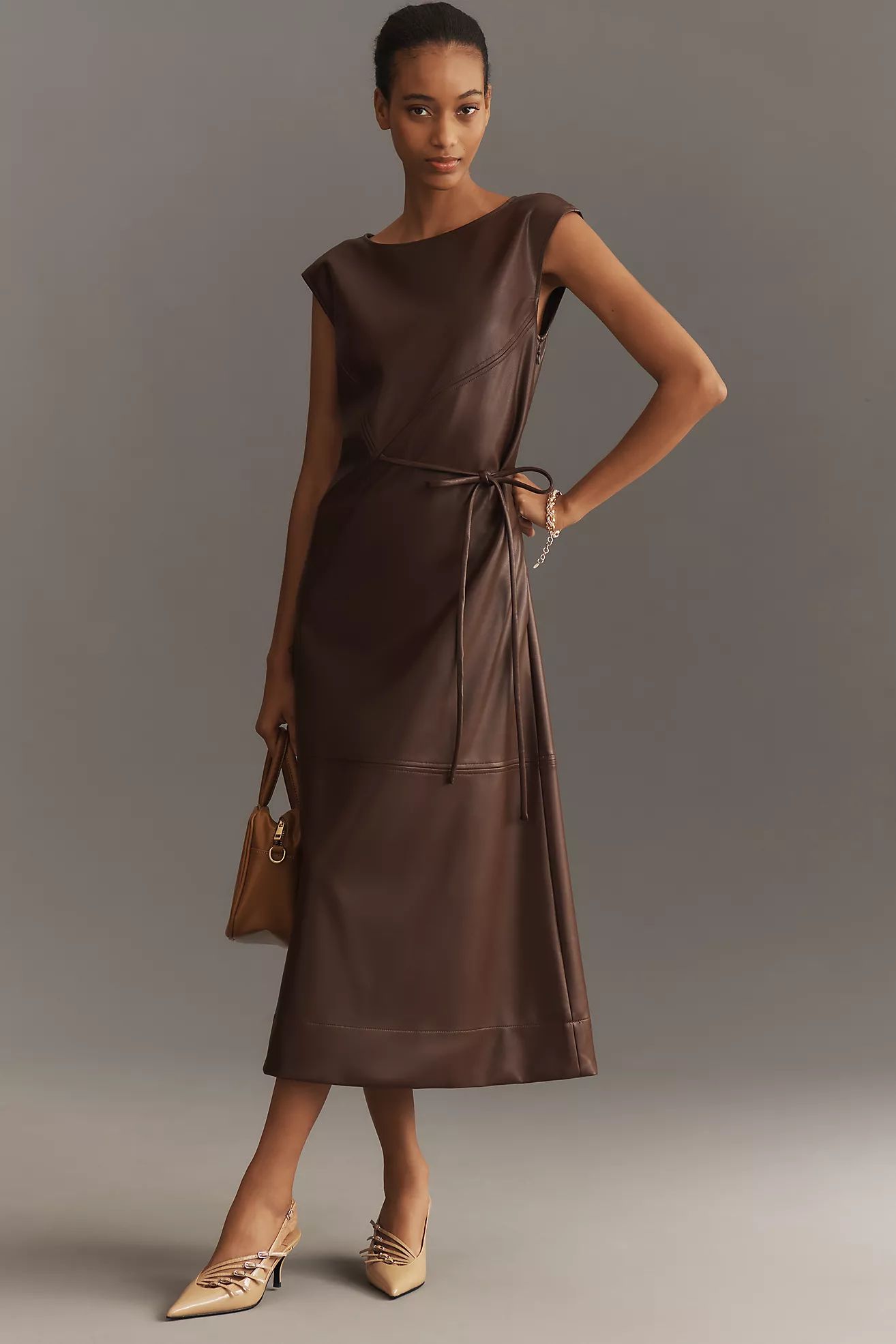 Maeve Sleeveless Faux-Leather Wrap Midi Dress | Anthropologie (US)