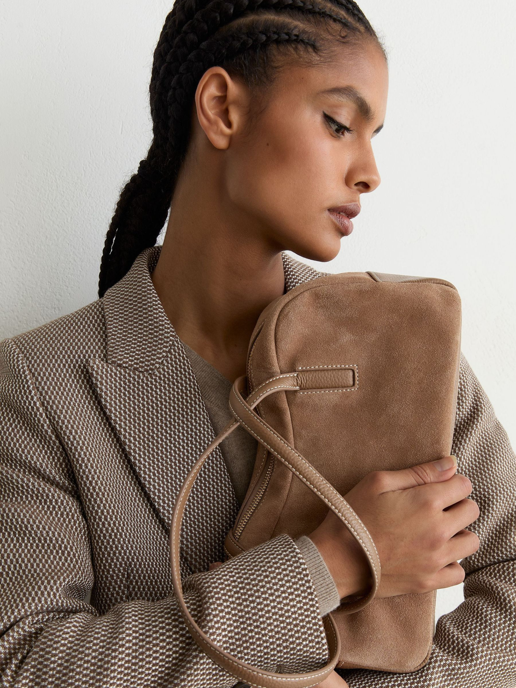 Reiss Suede and Leather Bowling Bag in Taupe - REISS | Reiss UK