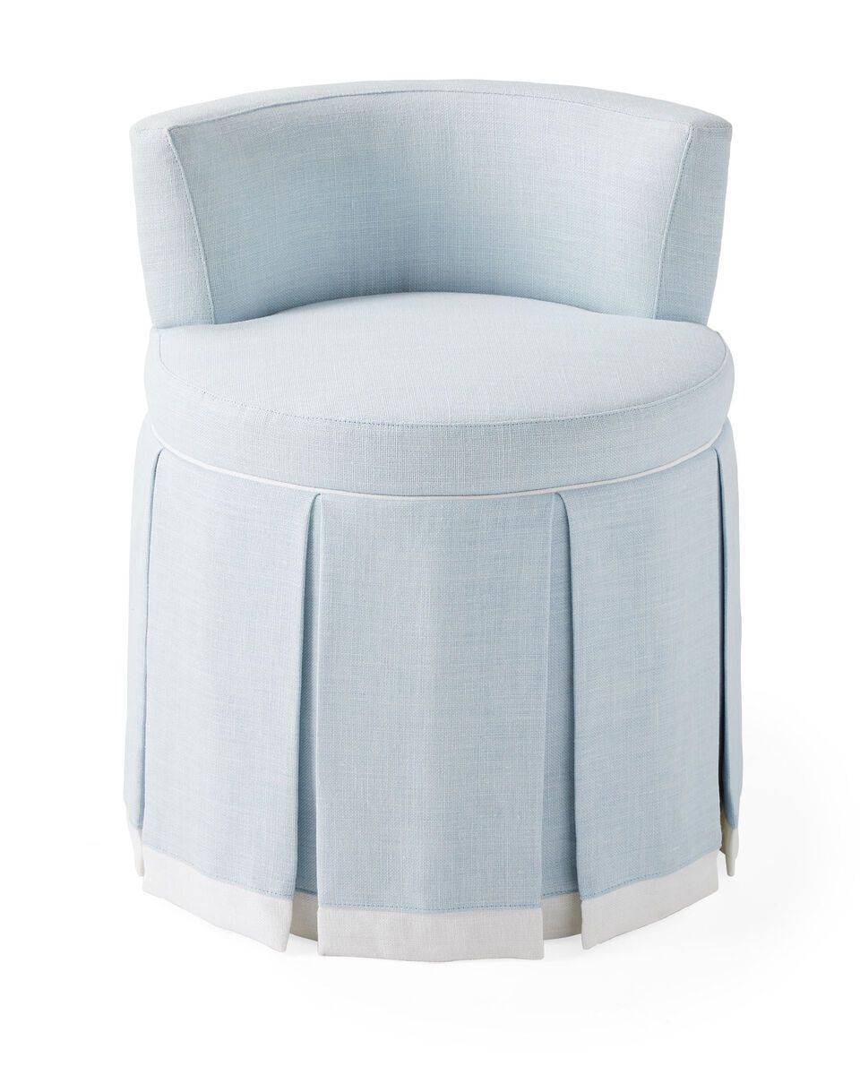 Harrison Vanity Chair in Sky Washed Linen with White Belgian Linen Piping & Border | Serena and Lily