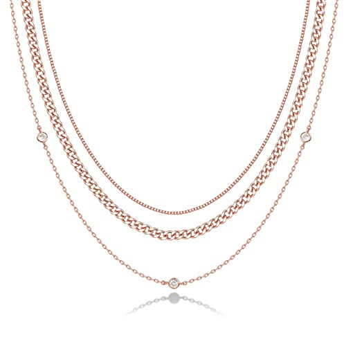 PAVOI 14K Gold Plated Dainty Layering Necklaces for Women | Snake Chain, Curb Link, Paperclip Layered Chains | Trendy Layering Necklace (Diamond Station, Rose Plated) | Amazon (US)