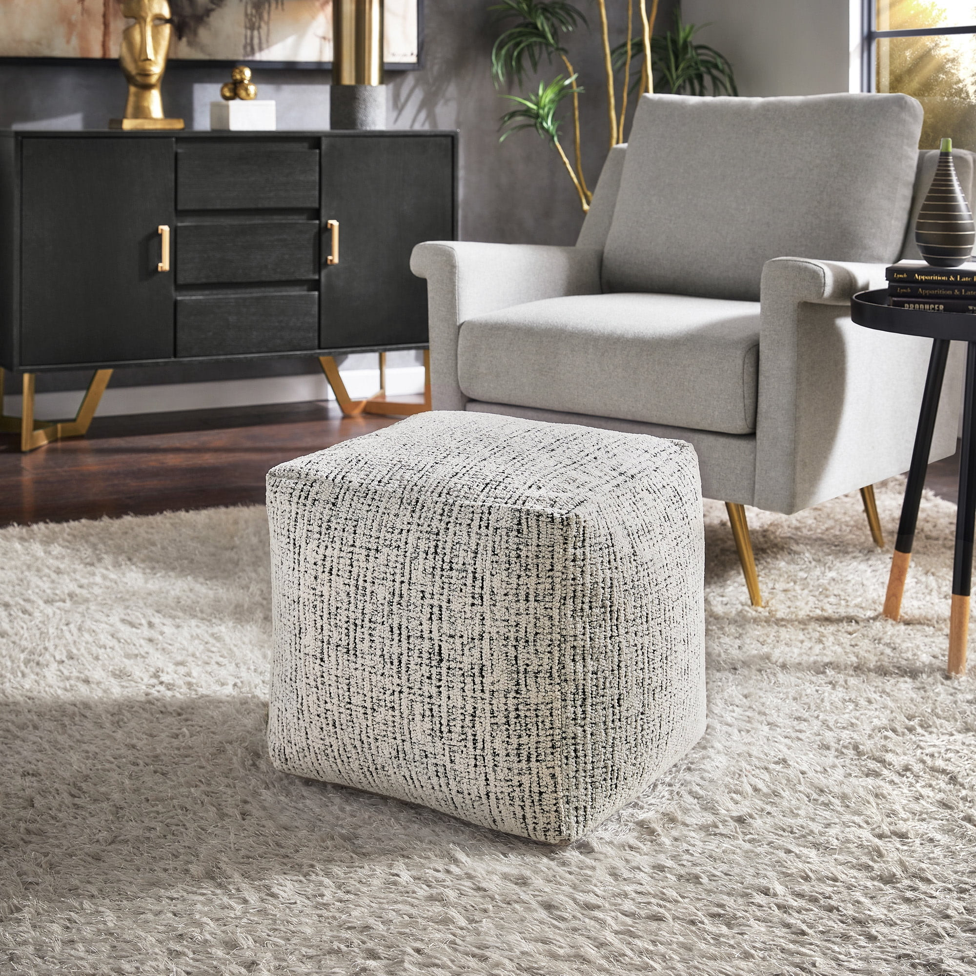 Weston Home Dinant Upholstered Square Pouf Ottoman, Black & White Tweed Chenille | Walmart (US)