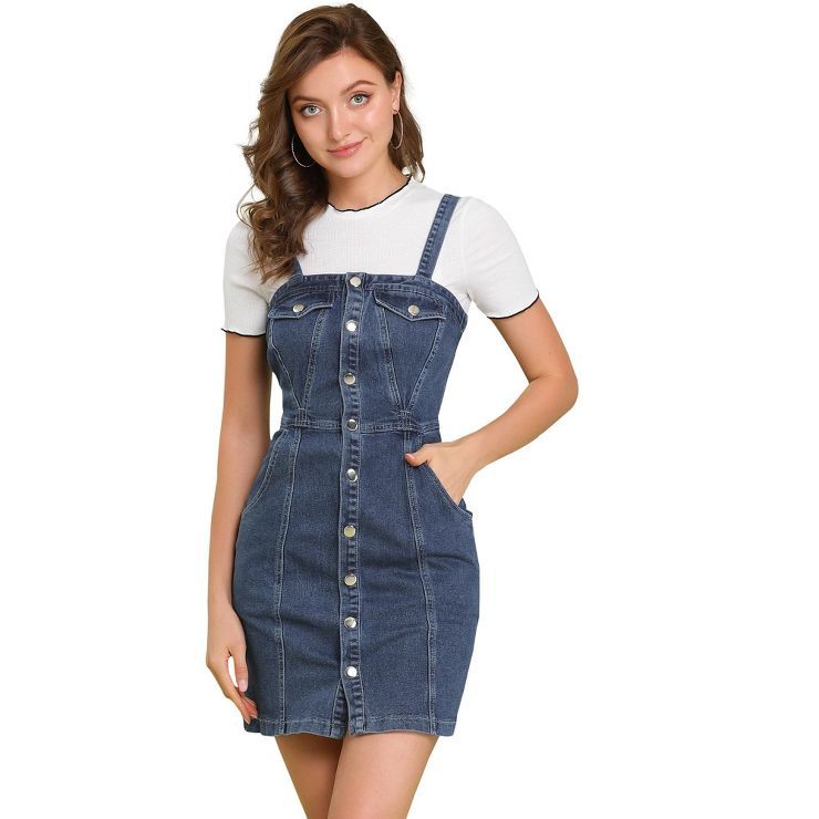 Allegra K Women's Button Front Classic Adjustable Strap Overall Denim Mini Dress | Target