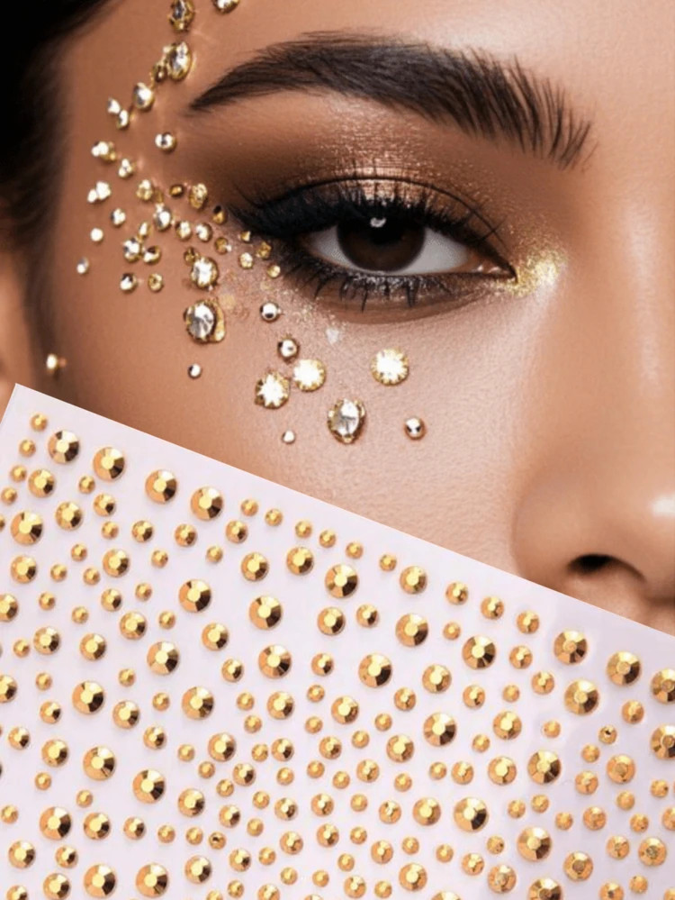 2pcs Gold Face Gems Glitter Body Glittery Stereo Gem Stickers Rave Accessories Makeup Rhinestone ... | SHEIN