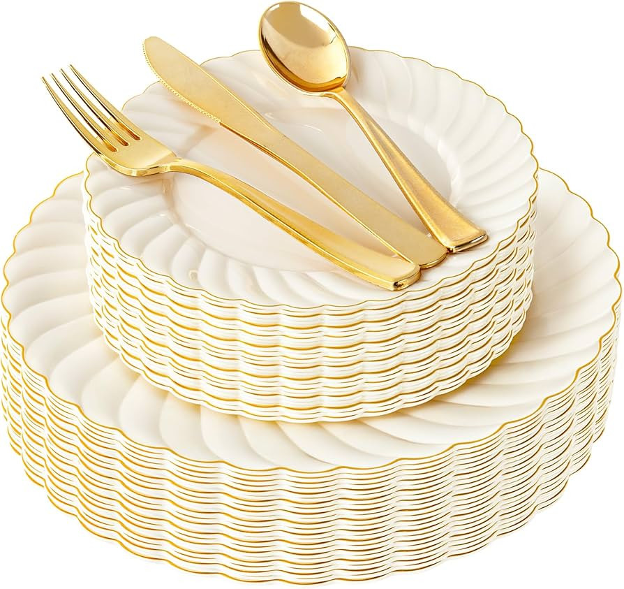 YOUBET 125PCS Scalloped Plastic Plates - Ivory Scalloped Disposable Plates - Gold Plastic Dinnerw... | Amazon (US)