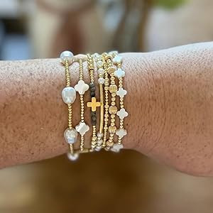 Dainty Cross Clover Gold Beaded Pearl Bracelet Stack for Women,Handmade Boho Gold Plated Beads St... | Amazon (US)