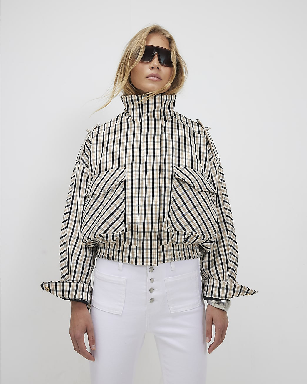 Cream Check Funnel Neck Bomber Jacket | River Island UK & IE