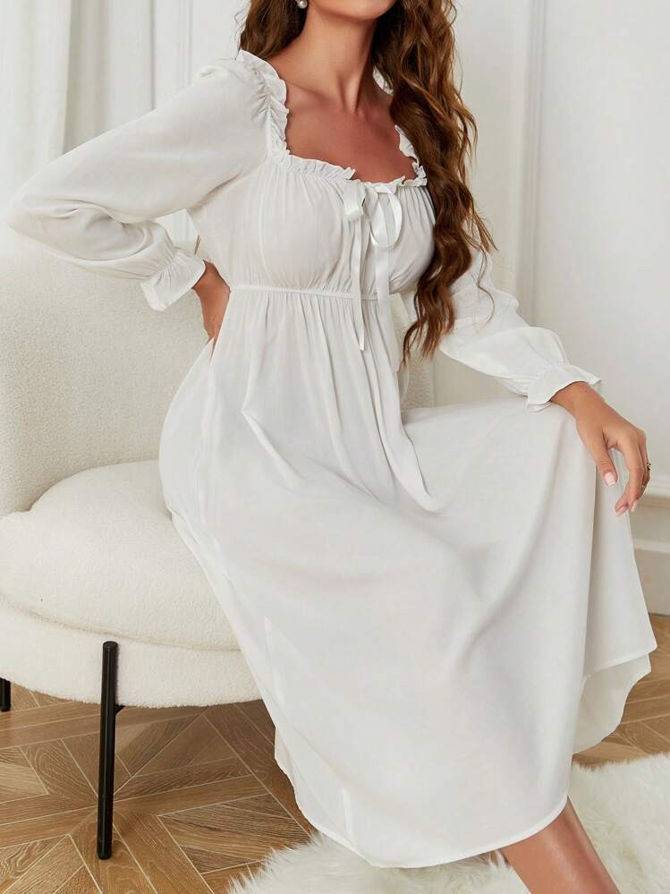 Tie Front Frill Trim Flounce Sleeve Pajama Nightdress Long Dress | SHEIN USA | SHEIN