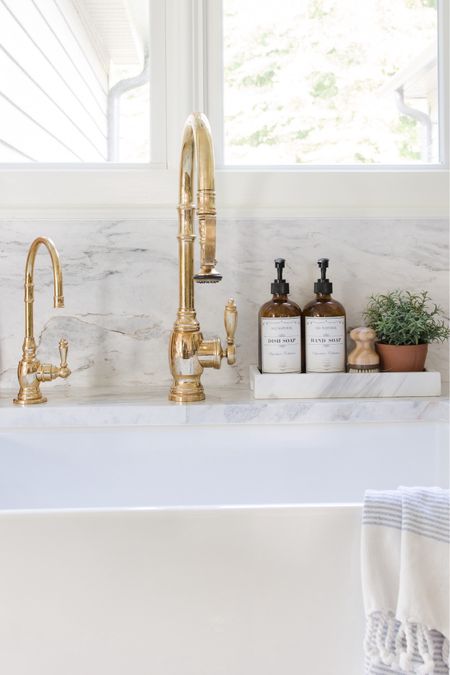 Unlacquered brass kitchen faucet with hot water tap. Marble tray with amber glass soap bottles. Kitchen decor, target, brass, kitchen, kitchen sink 

#LTKhome #LTKSeasonal