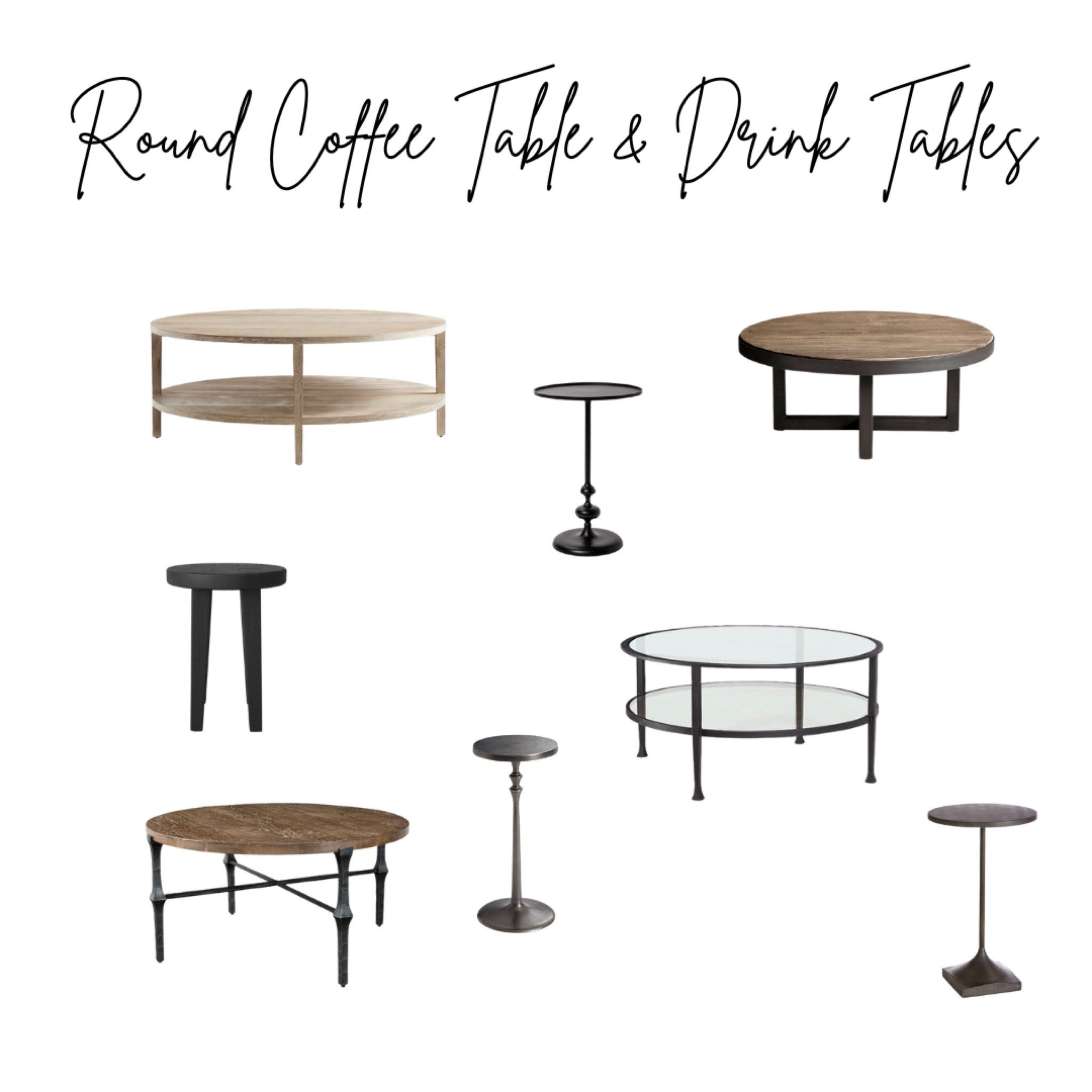 Round coffee tables and drink tables. 
Wood with black accents  Glass table. 

#LTKhome