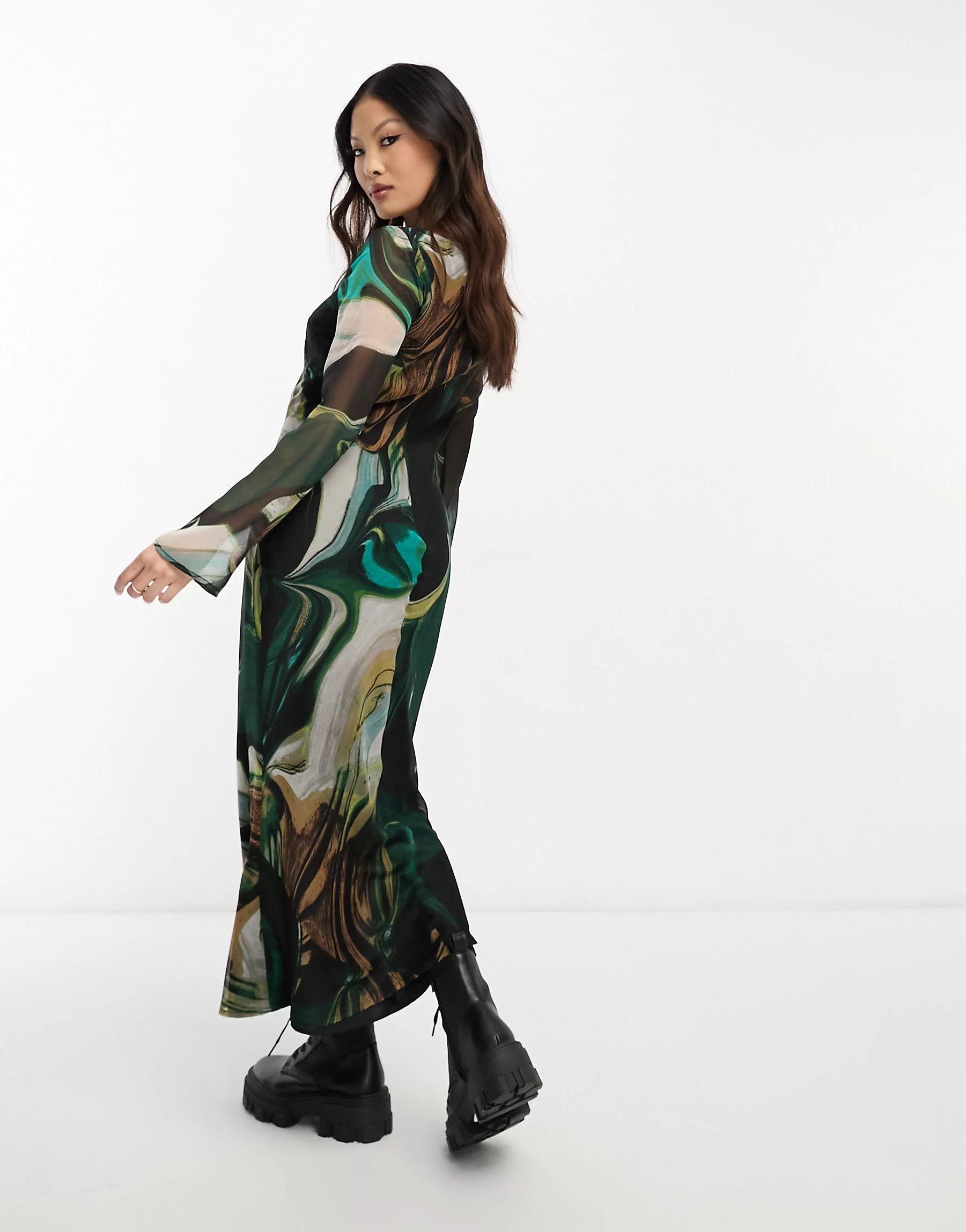 ASOS DESIGN Petite chiffon long sleeve midi dress in marble print | ASOS (Global)