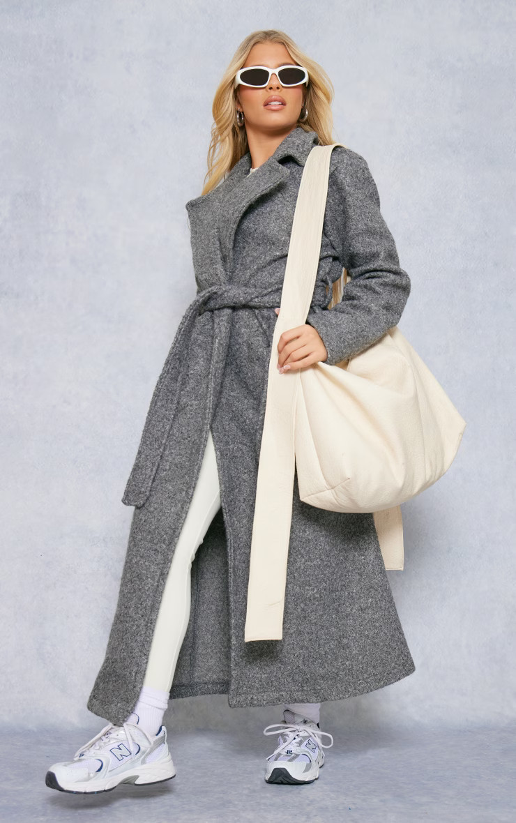 Charcoal Boucle Tie Waist Maxi Coat | PrettyLittleThing UK