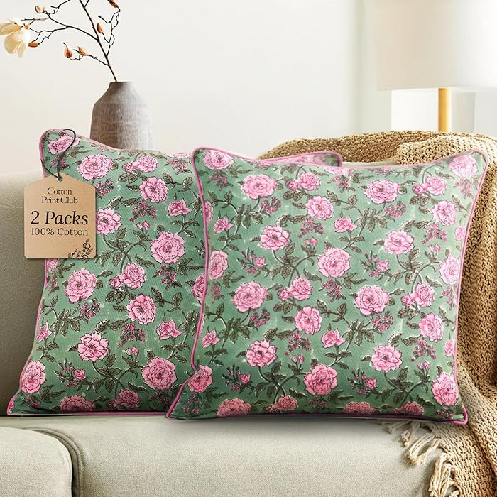 CPC 100% Cotton Throw Pillow Covers 18x18 Inch, Set of 2 Pink Block Print Pattern Couch Pillow, C... | Amazon (US)