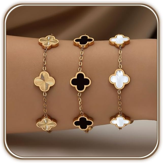 18K Gold Plated Clover Bracelet Set for Women White/Black/Gold/Silver/Green/Pink Adjustable Link ... | Amazon (US)