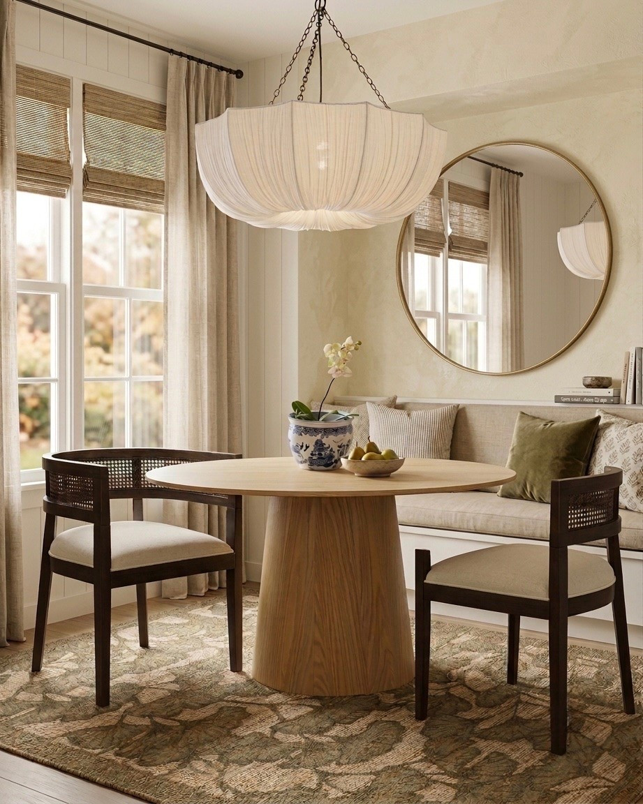 The round wood pedestal dining table I keep coming back to 🤎 Styled here in a soft, airy breakfast nook with dark cane dining chairs and warm neutral tones.

- Solid wood pedestal table base — sturdy, timeless, never trendy-then-dated
- Round dining table shape maximizes seating in a small breakfast nook
- Warm wood tone pairs beautifully with cane dining chairs and neutral cushions
- Effortless breakfast nook styling — just a floral stem and a bowl of fruit as the centerpiece

If you're looking for round dining table ideas for a small breakfast nook, this is where I'd start.

#LTKHome #LTKSaleAlert