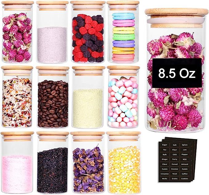 Tzerotone 12 Pcs Glass Spice Jars - 8.5oz Empty Small Glass Bottles with Bamboo Airtight Lids and... | Amazon (US)