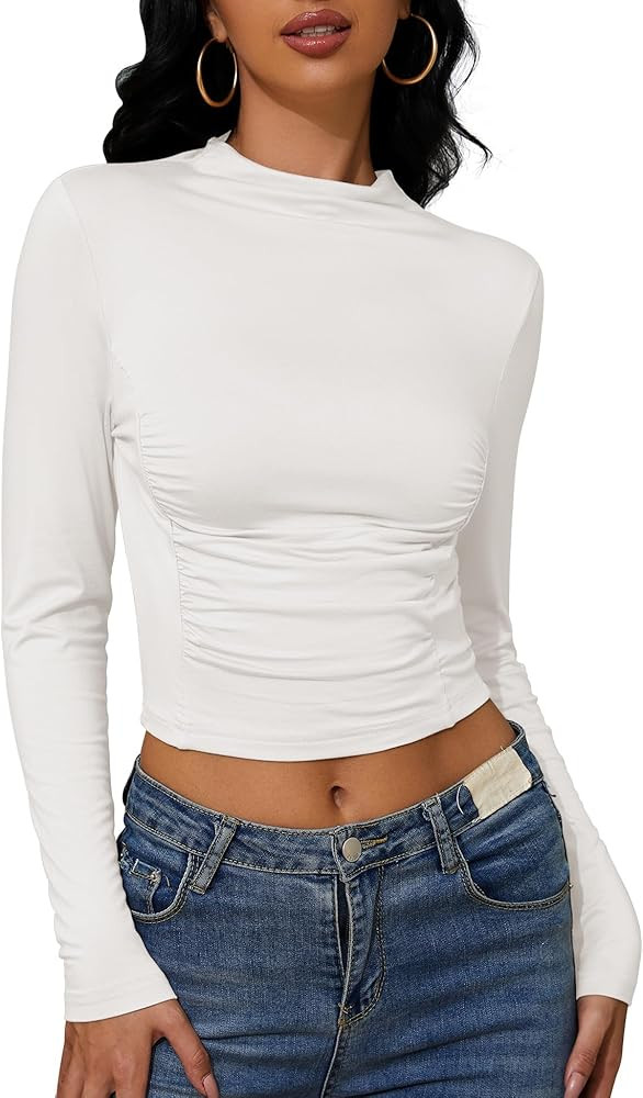 ZHENWEI Women's Sexy Slim Fit Mock Neck Crop Tops Long Sleeve Pleated Going Out Blouses Basic Tee... | Amazon (US)