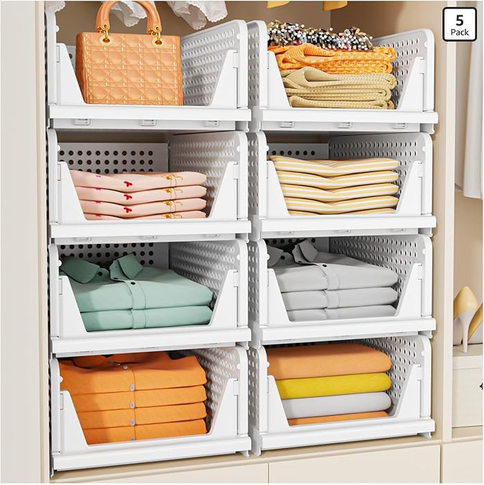 SNSLXH 5 Pack Stackable Closet Storage Basket, Multifunctional & Foldable Closet Organizer for Ba... | Amazon (US)