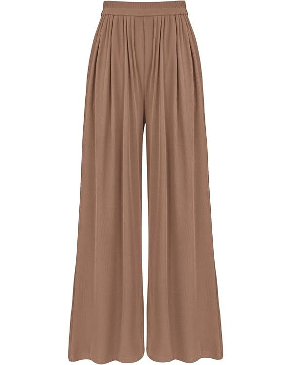 BTFBM Womens Casual Wide Leg Pants Summer Fall Clothes Pleated Elastic Waist Loose Palazzo Knit T... | Amazon (US)