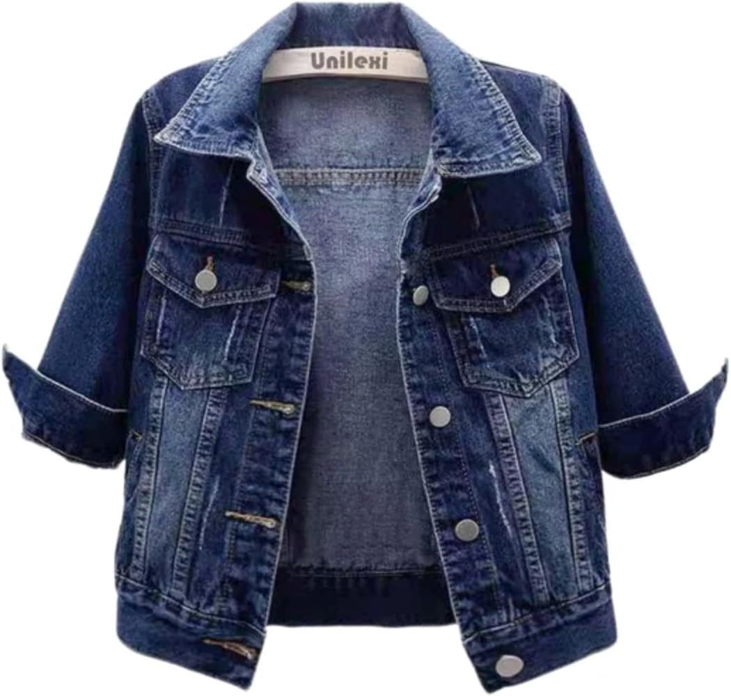 Unilexi Women's 3/4 Sleeve Colored Cropped Denim Jacket Light Wash Short Jean Jacket Trucker Coat | Amazon (US)