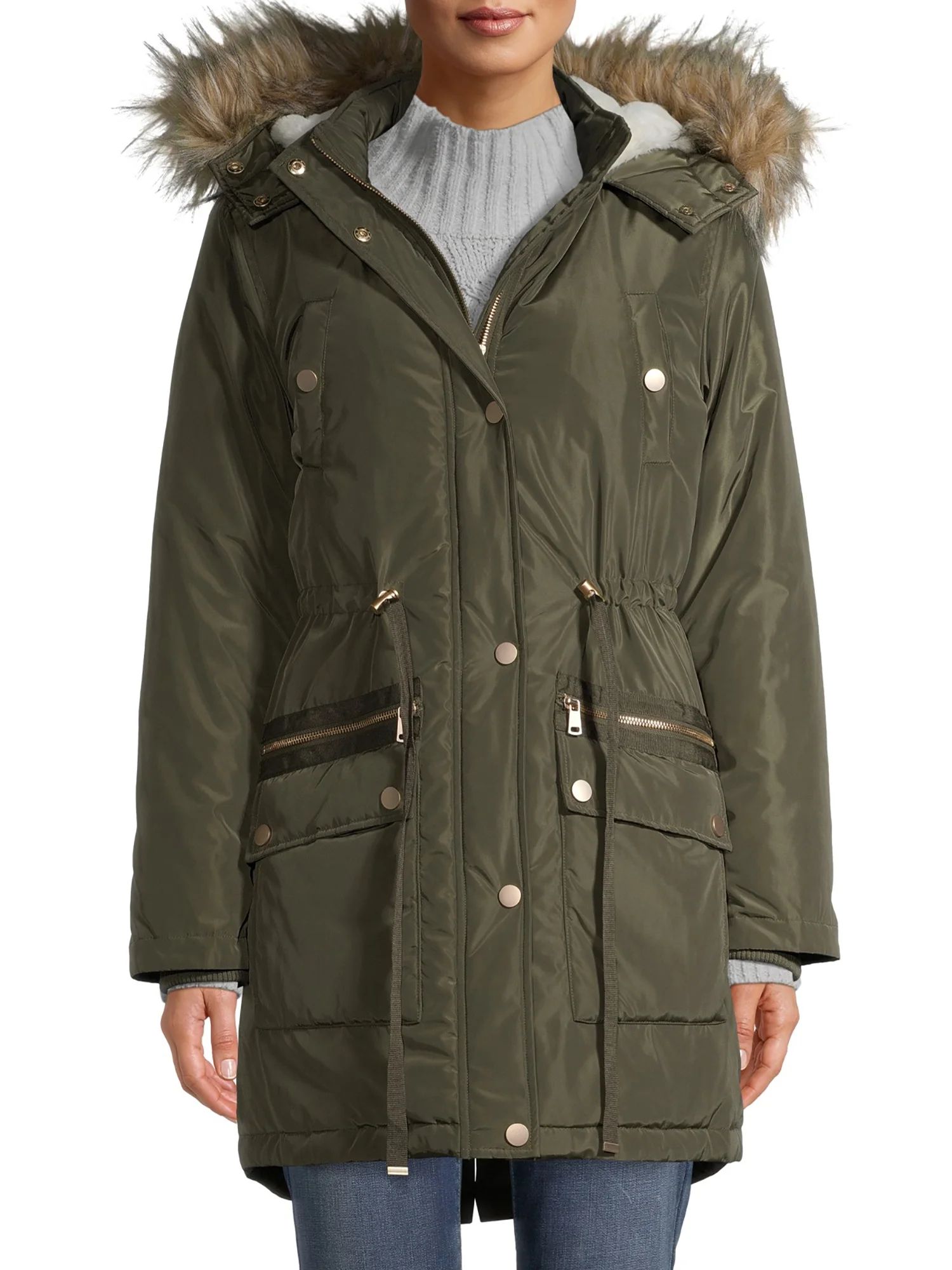 Time and Tru Women's Heavyweight Anorak with Faux Fur Trimmed Hood | Walmart (US)