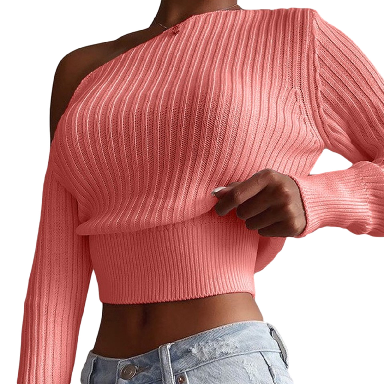Seyurigaoka Women Casual Sexy Knitwear, Solid Color Off-the-shoulder Long Sleeve Crop Tops, White... | Walmart (US)