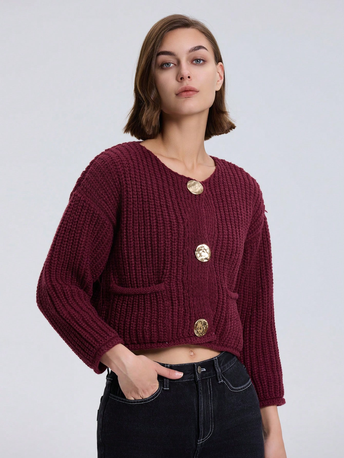TrendsSolid-Color Crew Neck With Pockets Thick Knit Cardigan | SHEIN