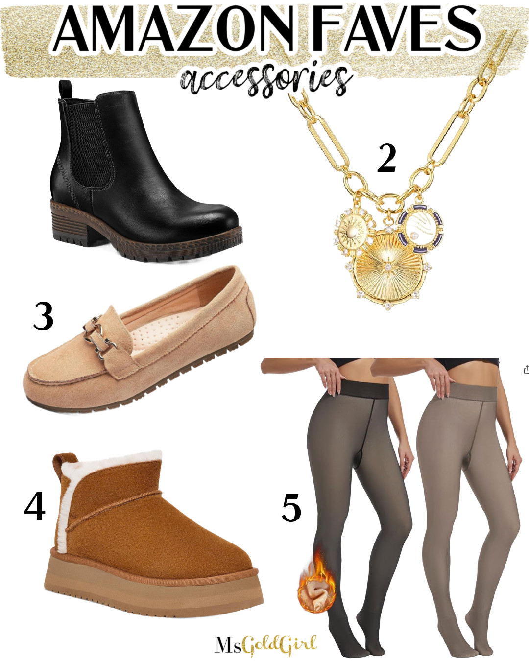 
Let's take a look at the best sellers from Amazon for December 2024 in Accessories:

1. The BEST Chelsea boots-runs true to size.

2. This chunky gold necklace looks way more expensive than it is.

3. I love this faux suede loafer that I bought two more colors in it. Runs TTS.

4. I love the shorter shaft and more affordable price point of these Ugg booties.

5. Fleece lined tights are a MUST for the winter!! Total game changer to extend your dress options this time of year!

Amazon Finds, Amazon Fashion, Shoes, Fashion over 50  

 #LTKOver40 #LTKFindsUnder50 #LTKShoeCrush
