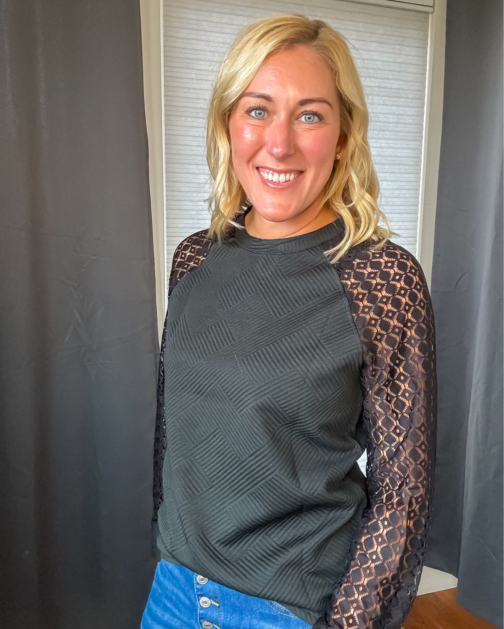 How pretty are these lace sleeves?! This top is like a fancy blouse, but with the comfort of a long sleeve tee. I’m loving the texture on the front!