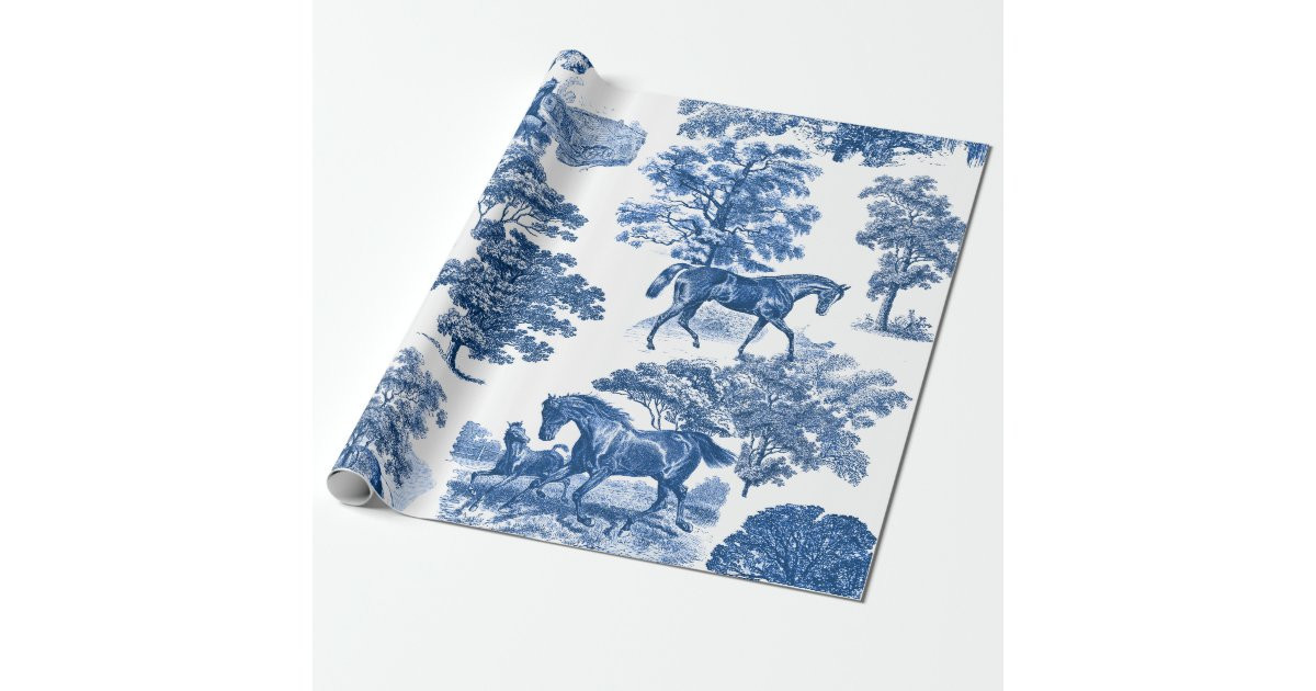 Classy Elegant Rustic Blue Horses Country Toile Wrapping Paper | Zazzle | Zazzle