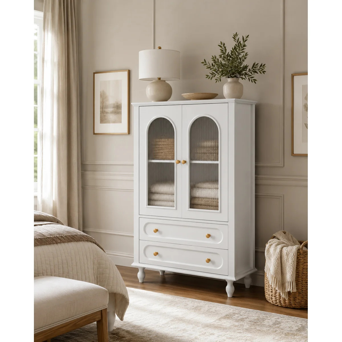 46.5" Freestanding Bathroom Linen Cabinet with Ribbed Glass Doors and 2 Drawers | Wayfair North America
