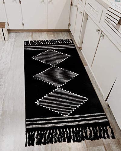 Boho Kitchen Runner Rug,2'x4' Black Geometric Sink Rug with Tassels Cotton Woven Diamond Soft Ind... | Amazon (US)