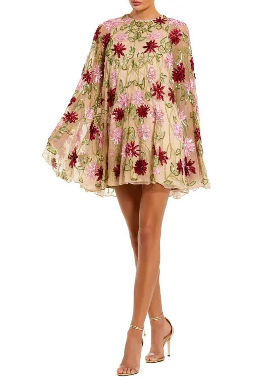 Mac Duggal Floral Beaded Mesh Shawl Mini Dress in Nude Multi at Nordstrom, Size 2 | Nordstrom