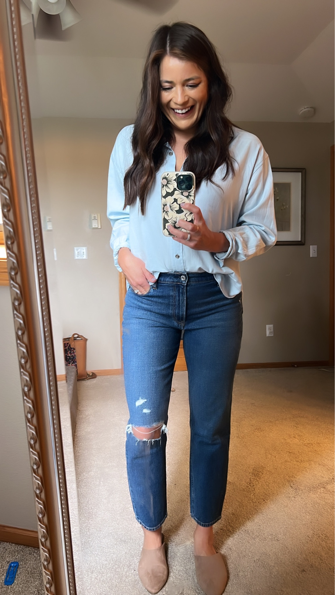 Perfect oversized shirt + mom jeans = easy, comfortable, put together outfit. Dark, distressed version of the jeans are in the photo.

TTS for both.

-Amy 

#LTKSeasonal #LTKunder100 #LTKshoecrush