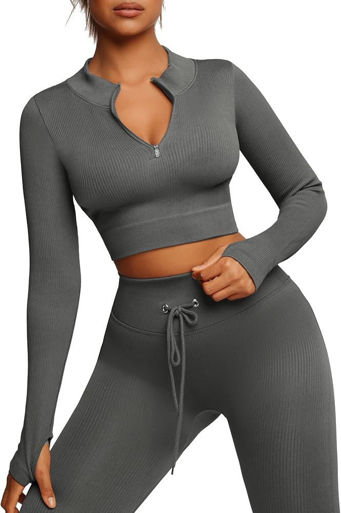 FeelinGirl Workout Sets for Women 2 Piece Seamless Long Sleeve Crop Tops Seamless Ribbed High Wai... | Amazon (US)