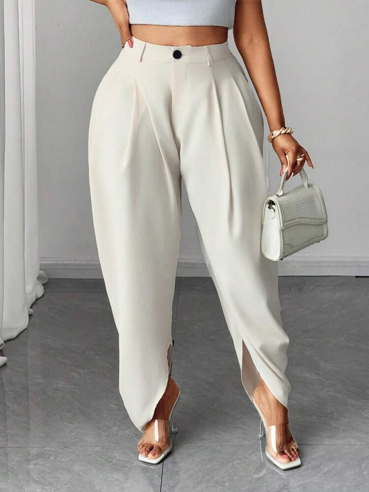 Maweii Plus Size Fashion Pleated Apricot Pocket Maxi Pants | SHEIN