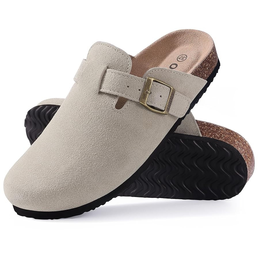 Women's Suede Clogs Soft Cork Footbed Leather Mules Comfort Potato Shoes with Arch Support | Amazon (US)