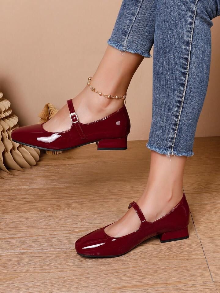 New Arrival Fashionable Chunky Heel Pu Leather Women's Comfortable Flat Shoes | SHEIN