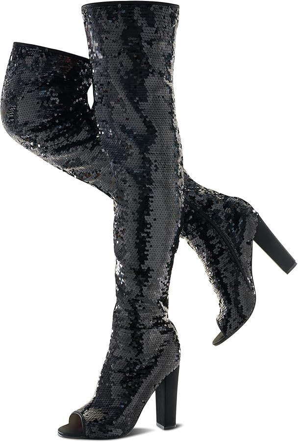 KHPAERMEI Sparkly Thigh High Boots for Women Sexy Sequin Over The Knee High Boots Party Prom Open... | Amazon (US)