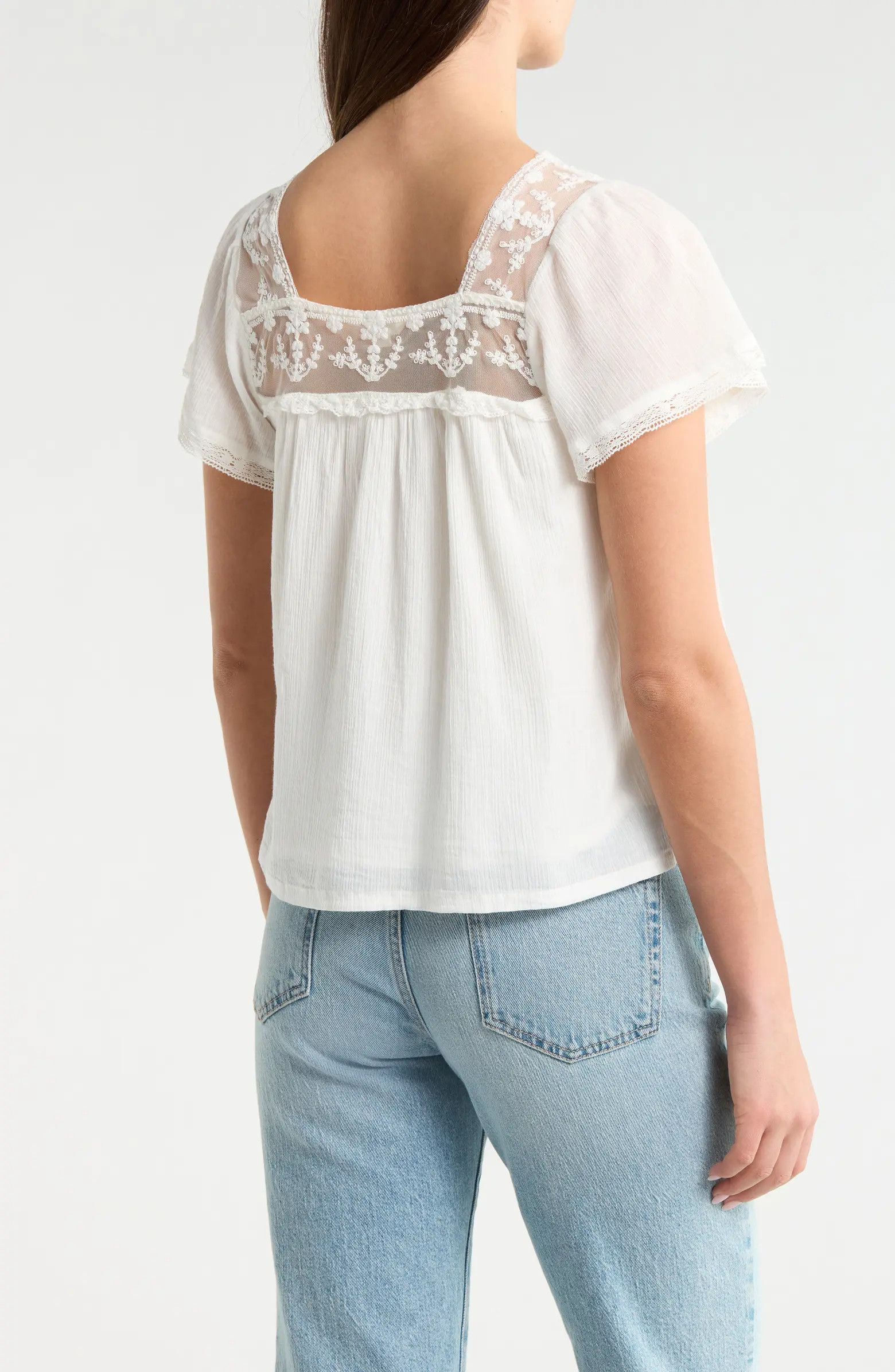 Lace Mesh Detail Square Neck Cotton Top | Nordstrom