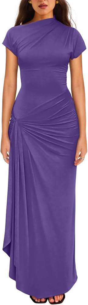 YMDUCH Women's Casual Short Sleeve Boat Neck Ruched High Split Bodycon Long Party Dress | Amazon (US)