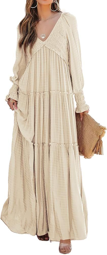 R.Vivimos Maxi Dress for Women Long Sleeve V Neck Empire Waist Layered Ruffle Boho Casual Flowy Long | Amazon (US)