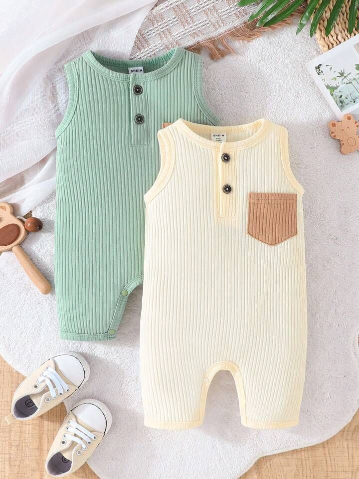 2pcs/Set Baby Boy Casual Color-Block Romper Shorts With Pocket | SHEIN