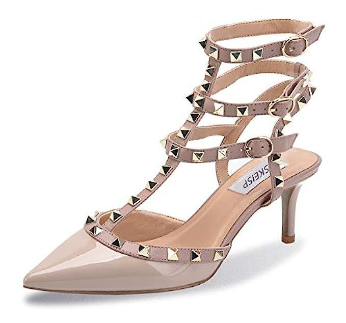 WSKEISP Womens Stud Ankle Strap Slingback Heeled Sandals Pointed Toe Stiletto High Heel Pumps Shoes | Amazon (US)