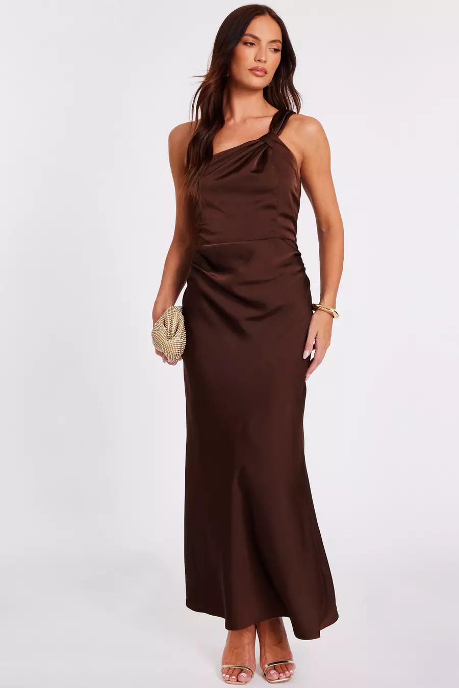 Brown Satin One Shoulder Midaxi Dress | Quiz Clothing