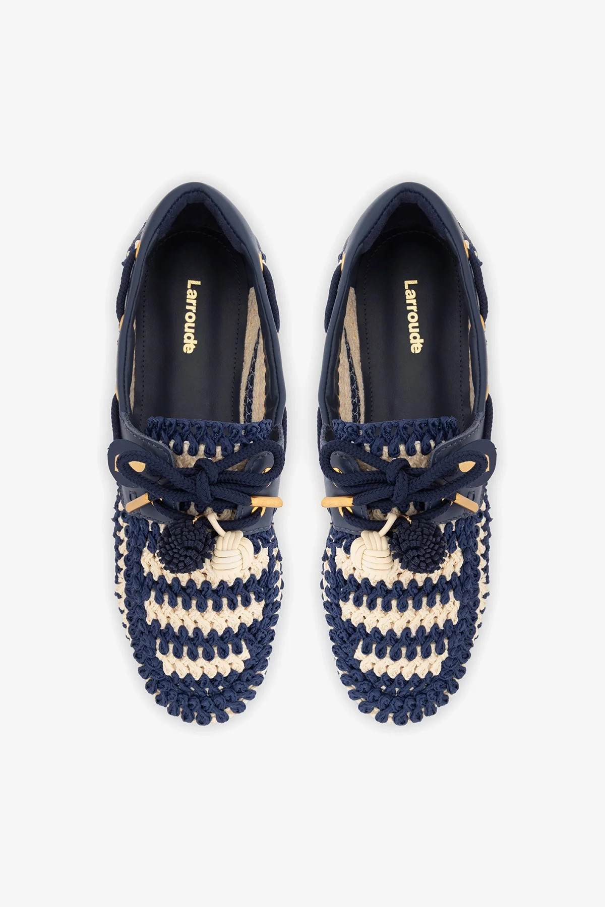 Cyprus Crochet Boat Shoe In Navy and Ivory Crochet and Navy Leather | Larroude