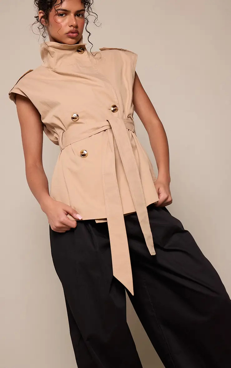 Beige Funnel Neck Trench Gilet | PrettyLittleThing UK