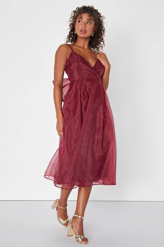 Precious Darling Burgundy Organza Bow Pleated Midi Dress | Lulus (US)